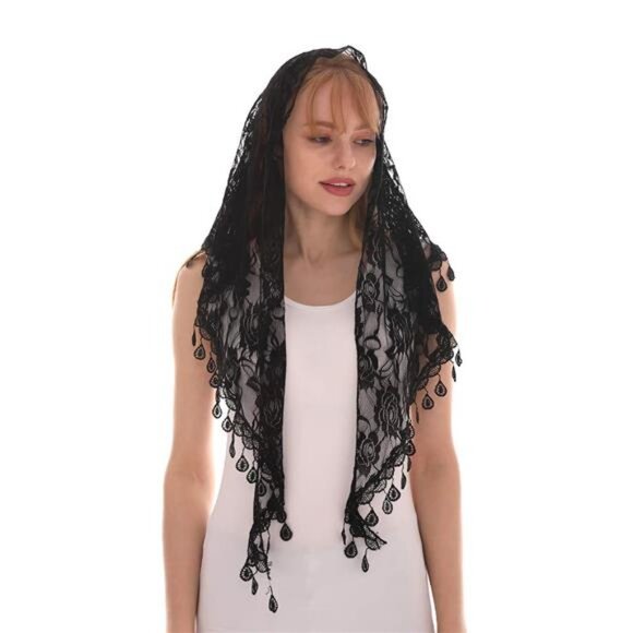 LMVERNA Lace Tassel Sheer Floral Triangle Mantilla Scarf Printed Silk Soft - Picture 9 of 16